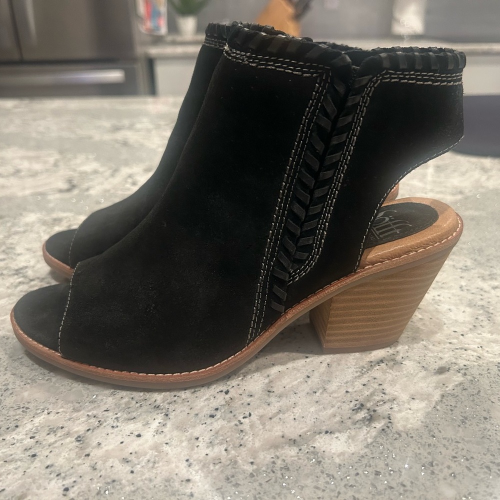 Sofft Black Suede Open-Toe Braided Trim Block Heel Mules